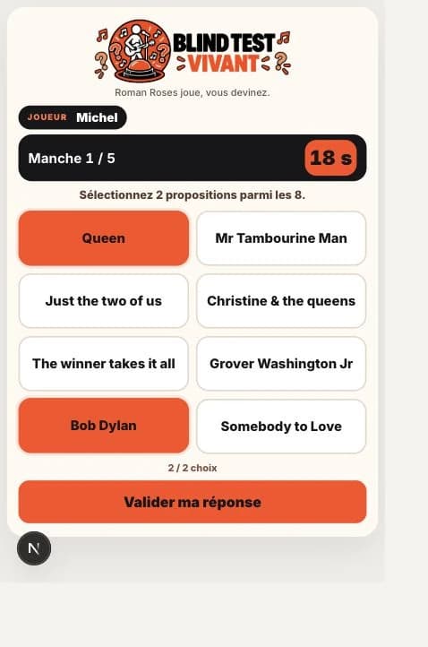 Blind Test réel : réponses et timer 18 secondes