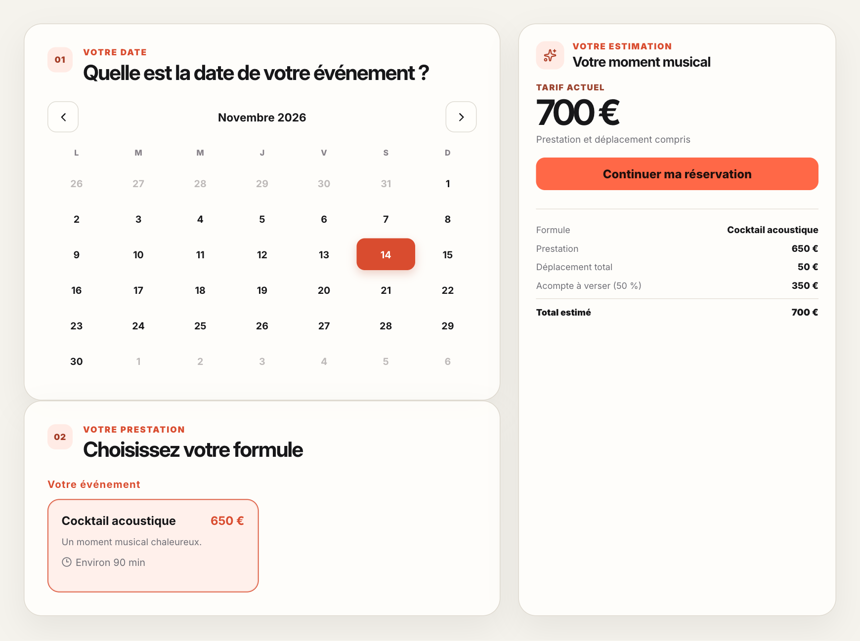 Page Booking réelle : calendrier et estimation de prestation