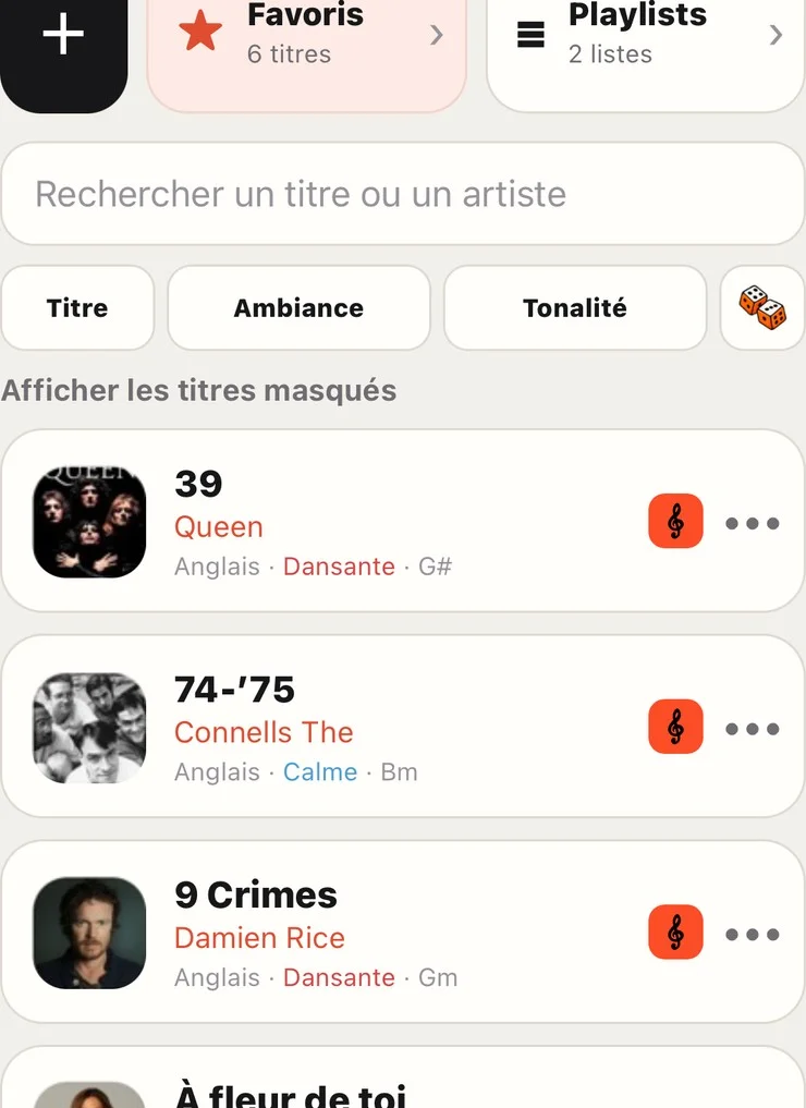 Répertoire artiste réel avec recherche, favoris et tonalités