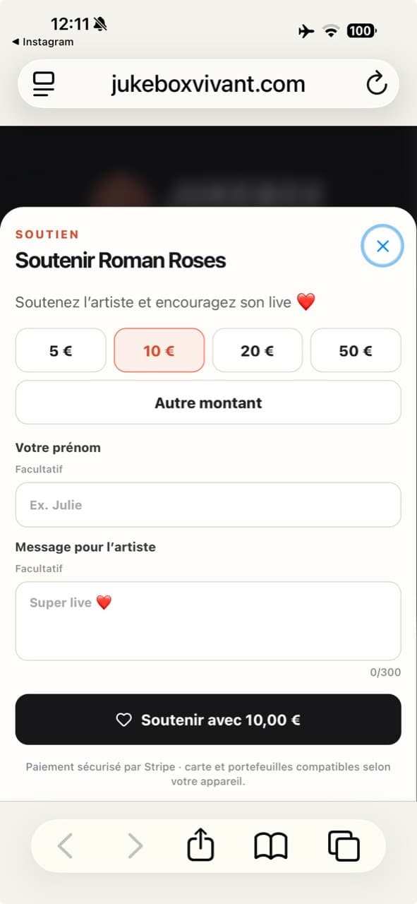 Capture réelle du panneau Soutenir Roman Roses sur Jukebox Vivant